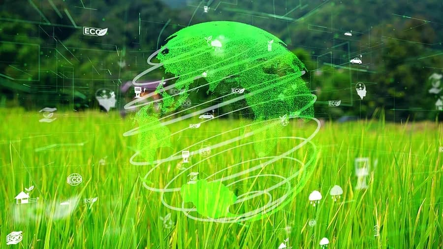 fondo de césped con un globo terráqueo verde rodeado de iconos relacionados con la ecología