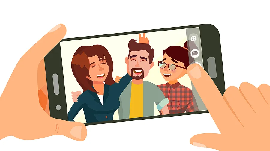 Manos de dibujos animados sosteniendo un teléfono con una foto.
