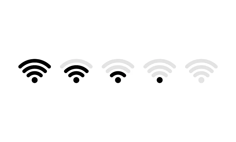 cinco iconos de señal WiFi en fila, cada uno con una intensidad decreciente de izquierda a derecha