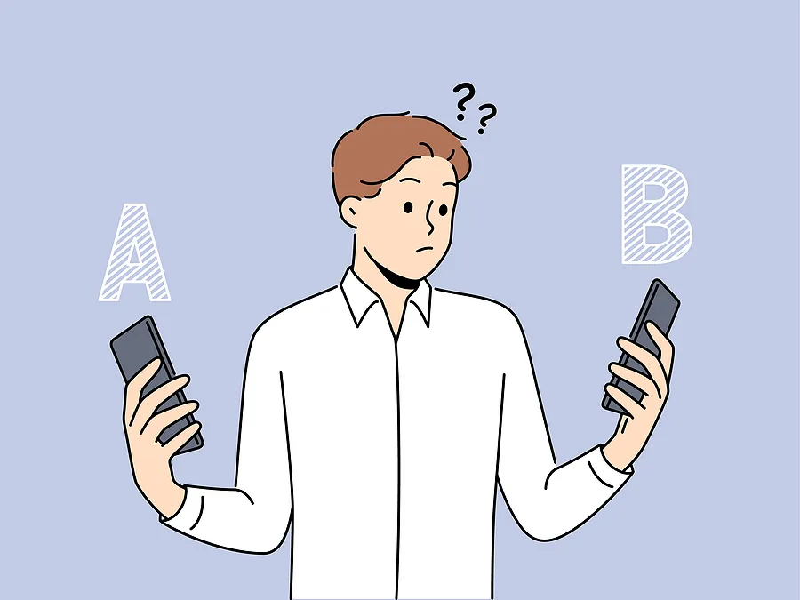 Ilustración de dibujos animados en la que aparece una persona desconcertada sosteniendo dos smartphones, mirando alternativamente de uno a otro con signos de interrogación sobre la cabeza, mientras compara la opción A, a la izquierda, y la opción B, a la derecha.