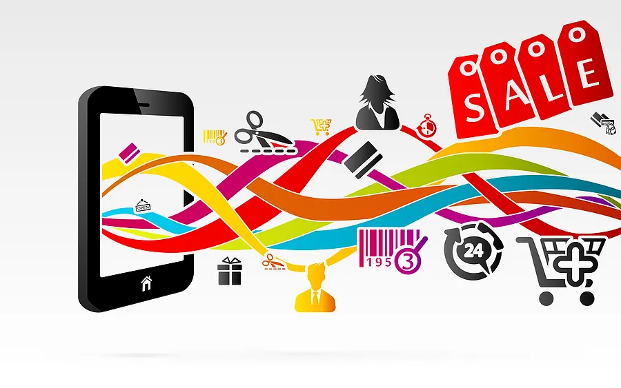 Ilustración de un smartphone con cintas de colores que conectan iconos de compras, etiquetas de rebajas, códigos de barras y símbolos de carritos de la compra