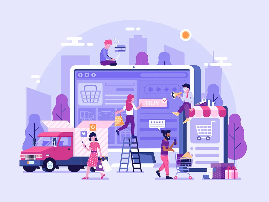 Ilustración de compradores adquiriendo smartphones por Internet, en la que se muestra la pantalla grande de un teléfono con un botón de compra, carritos de la compra, un camión de reparto y personas comparando ofertas y compras.